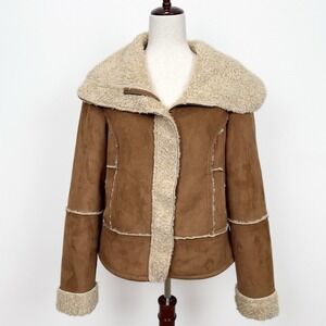 NEW Decree Jacket Womens XL Tan Faux Suede Fur Trim Y2K Retro 2000s Fall Vintage